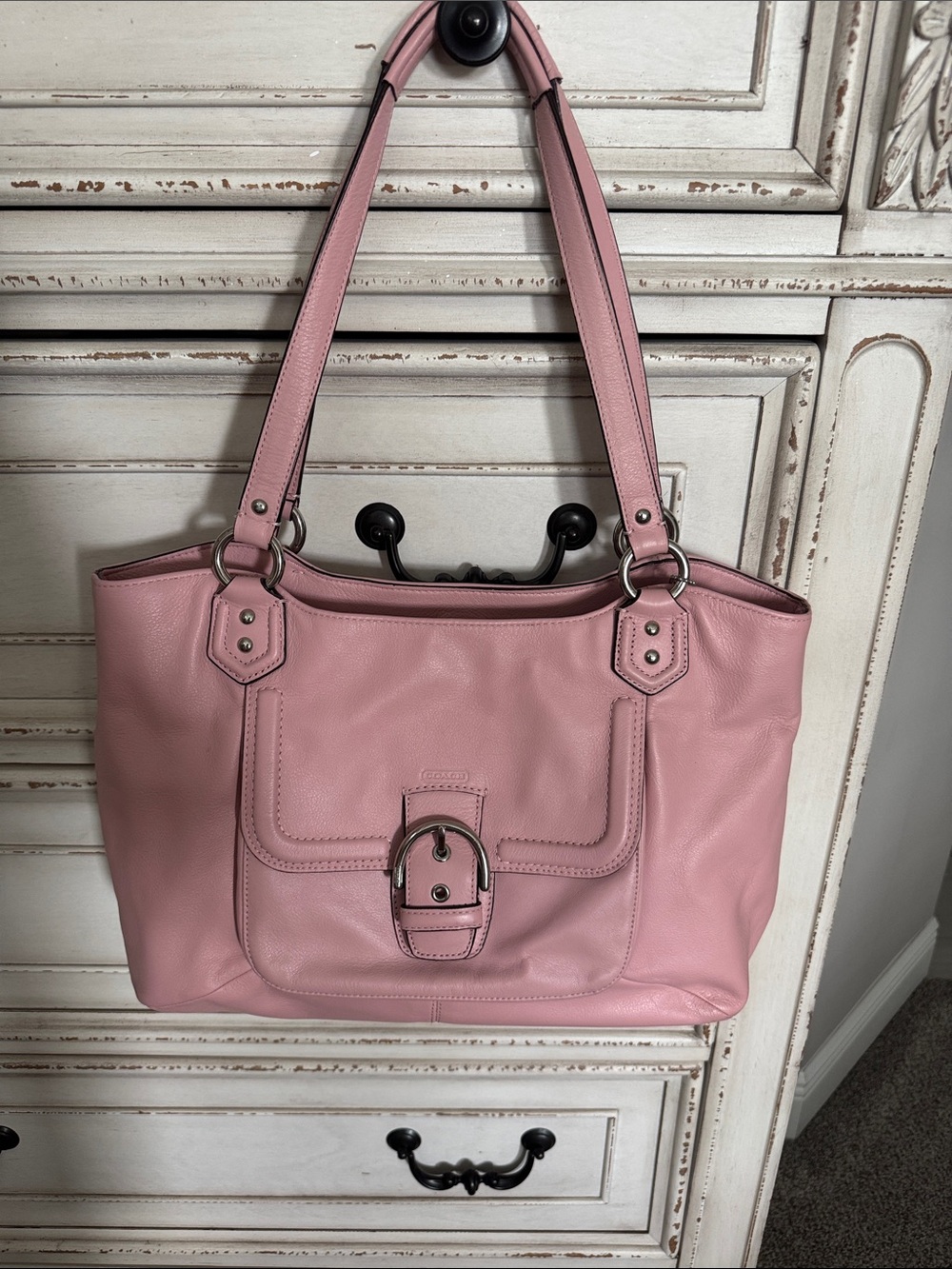 Soft Pink Leather Shoulder Bag with Front Buckle Detail